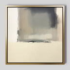 The Smoke Boundary Canvas Art - Square features a gold frame with abstract, blurred gray, beige, and off-white tones. Its minimalist design has darker hues at the top fading to lighter ones at the bottom for a soft, hazy effect.