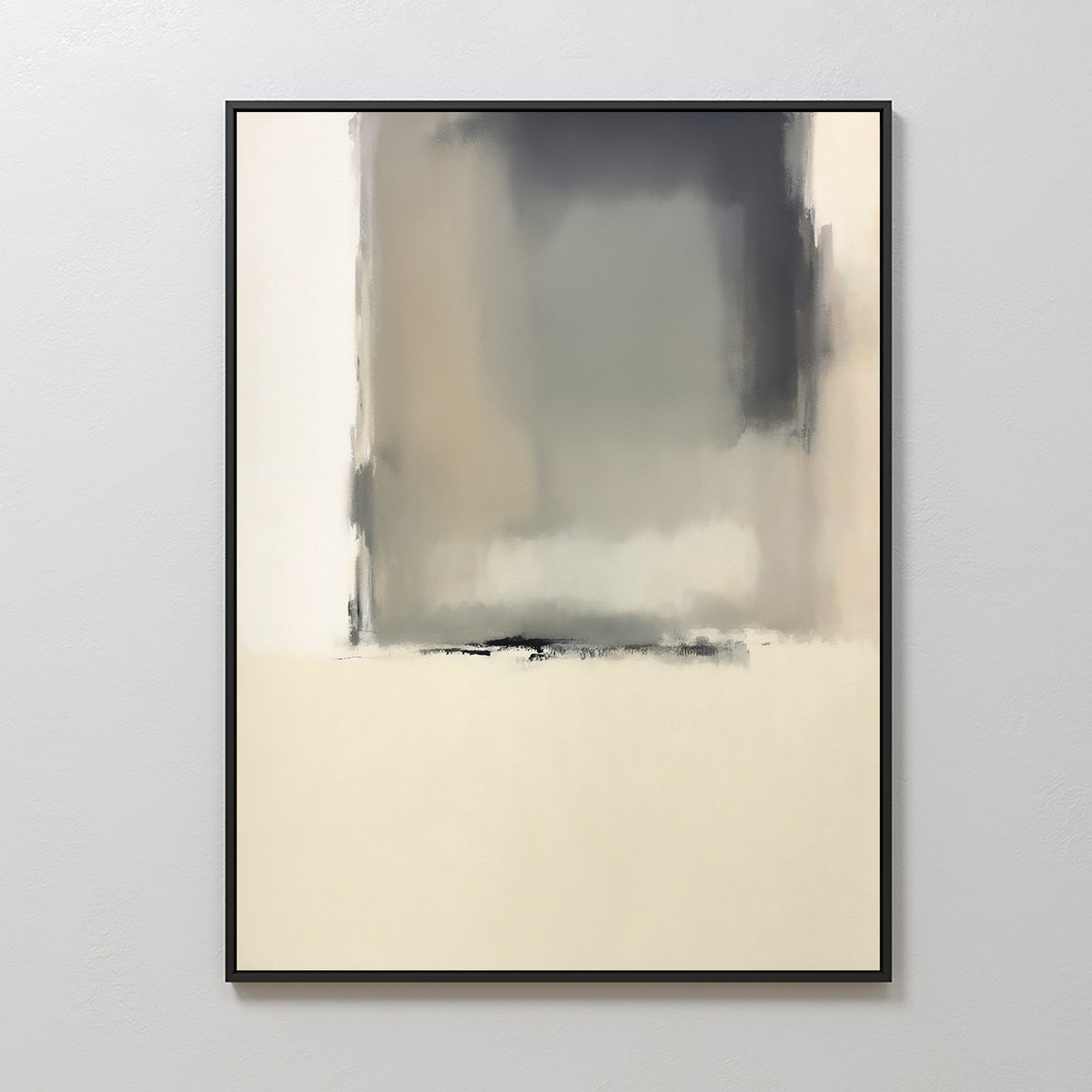 The Smoke Boundary Canvas Art - Vertical features a minimalist abstract design with soft, blurred beige, gray, and off-white blocks in a calm composition, framed in black for neutral elegance.