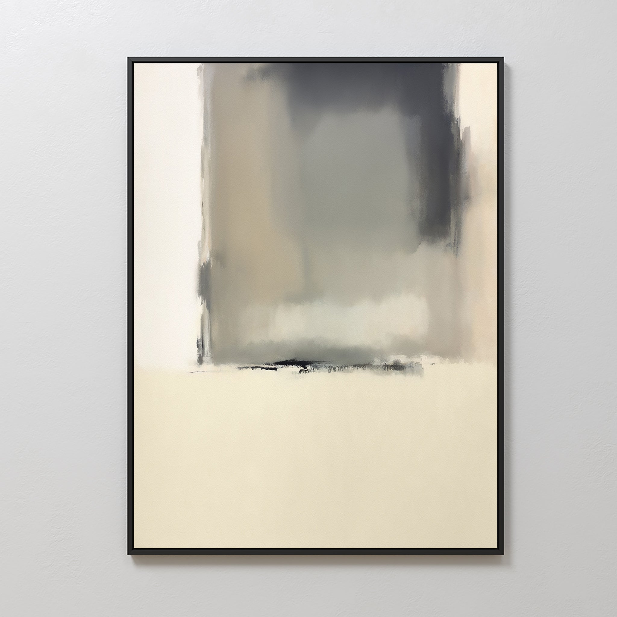 The Smoke Boundary Canvas Art - Vertical features a minimalist abstract design with soft, blurred beige, gray, and off-white blocks in a calm composition, framed in black for neutral elegance.