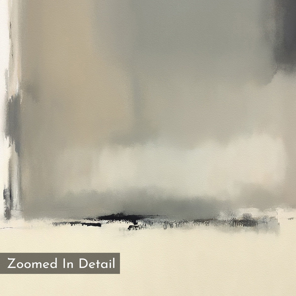 The Smoke Boundary Canvas Art - Vertical features an abstract print with soft, blurred shades of gray, beige, and white. Gentle transitions and dark accents near the bottom add neutral elegance. "Zoomed In Detail" appears in the lower left corner.