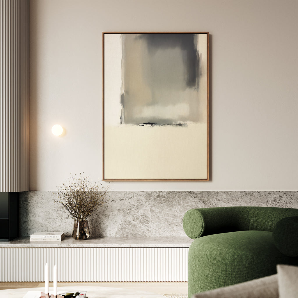 A minimalist living room with neutral elegance features the Smoke Boundary Canvas Art - Vertical above a stone bench, complemented by a round green armchair and a vase with dried branches on the bench.