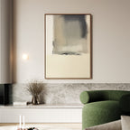 A minimalist living room with neutral elegance features the Smoke Boundary Canvas Art - Vertical above a stone bench, complemented by a round green armchair and a vase with dried branches on the bench.