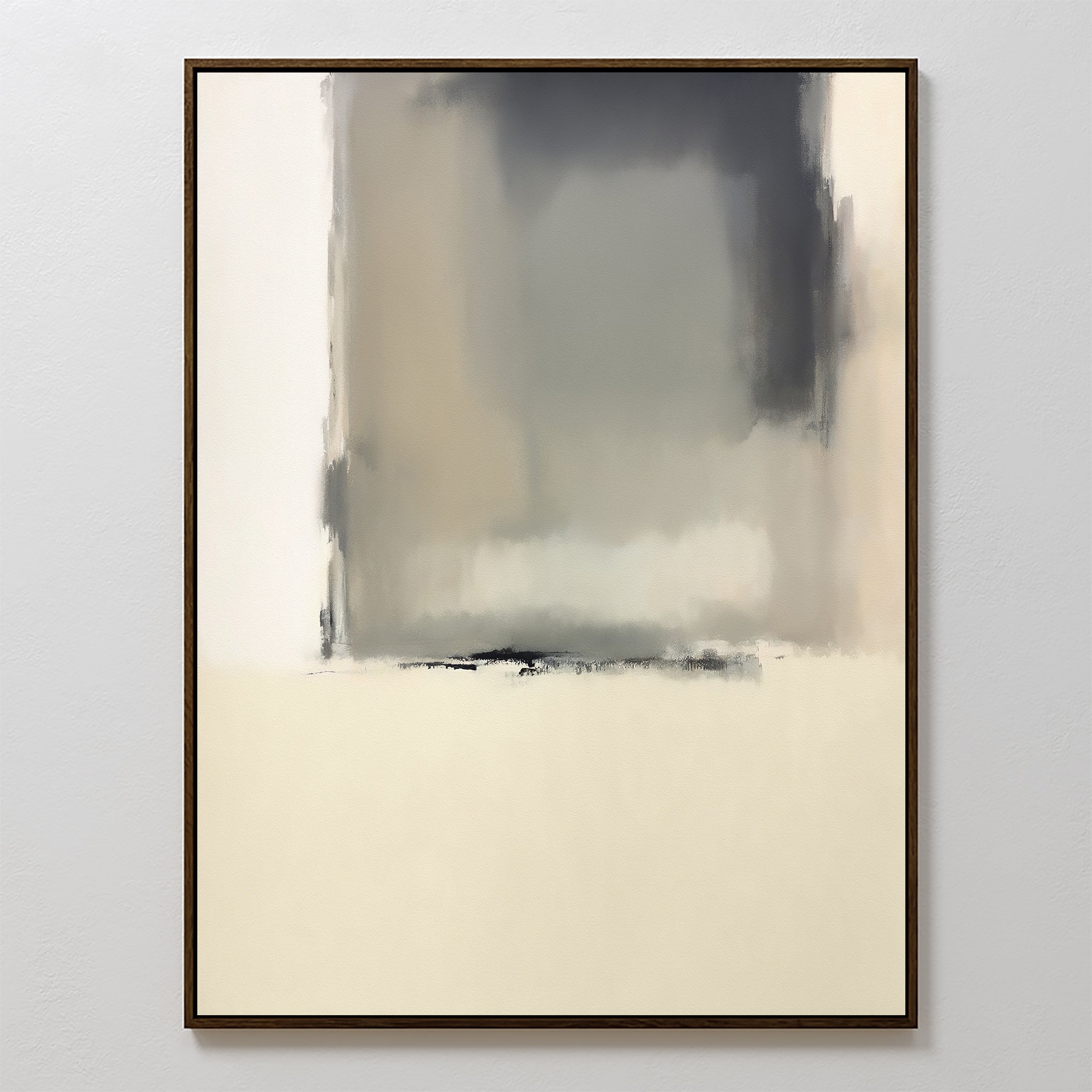 Smoke Boundary Canvas Art - Vertical features a striking minimalist design with soft, blurred shades of gray, beige, and black forming a large rectangular shape atop a light cream background, all bordered by a thin dark frame.