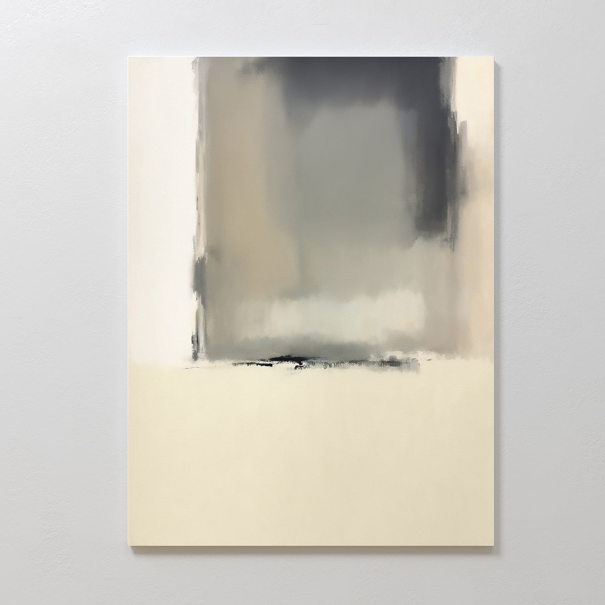 The Smoke Boundary Canvas Art – Vertical features a minimalist abstract design with soft, blurred shades of gray, beige, and white. A subtle rectangular form floats above a creamy off-white base for serene and elegant wall decor.