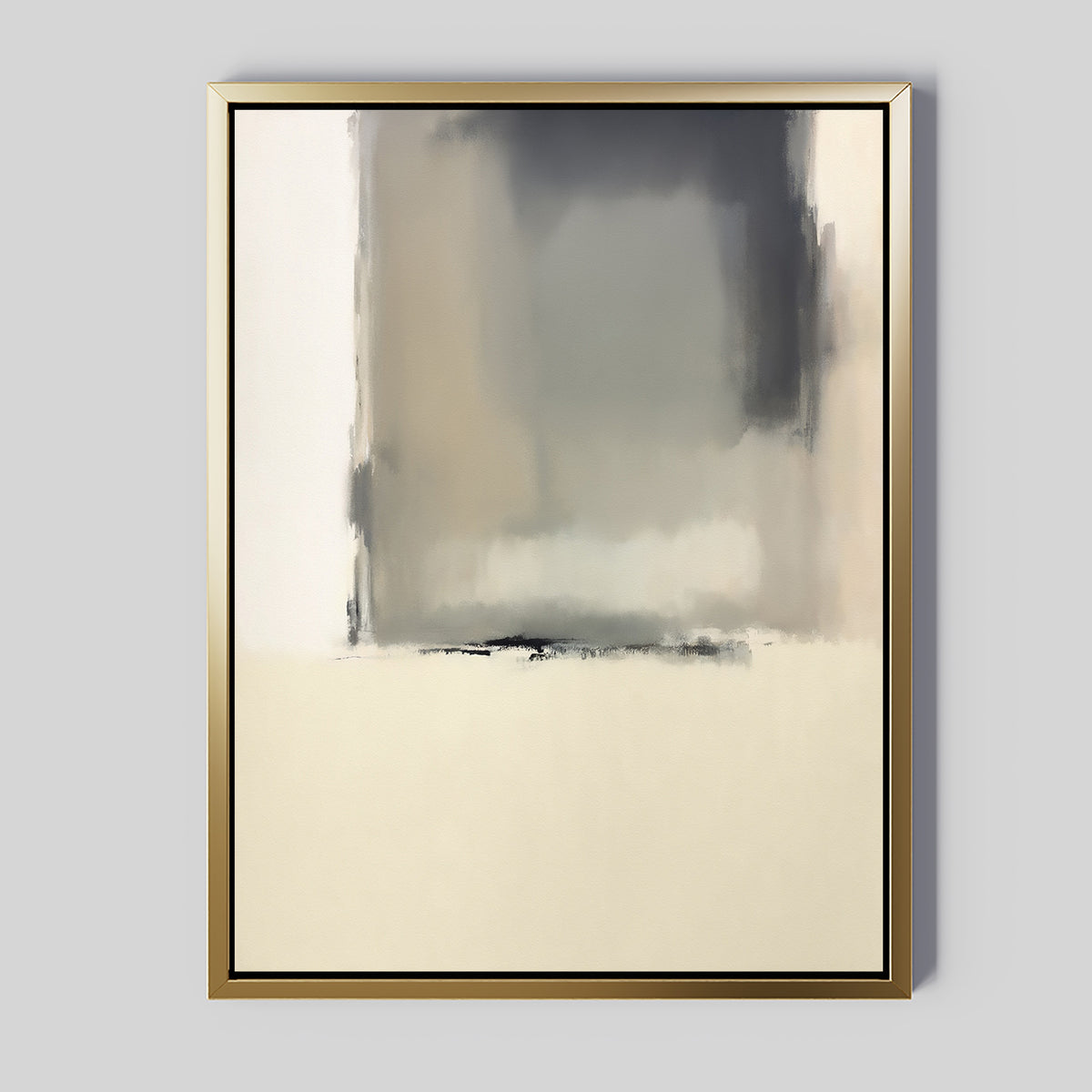 The Smoke Boundary Canvas Art - Vertical features soft grey, beige, and black brushstrokes on a cream background in a gold frame, bringing minimalist elegance and a misty, neutral atmosphere to your space.