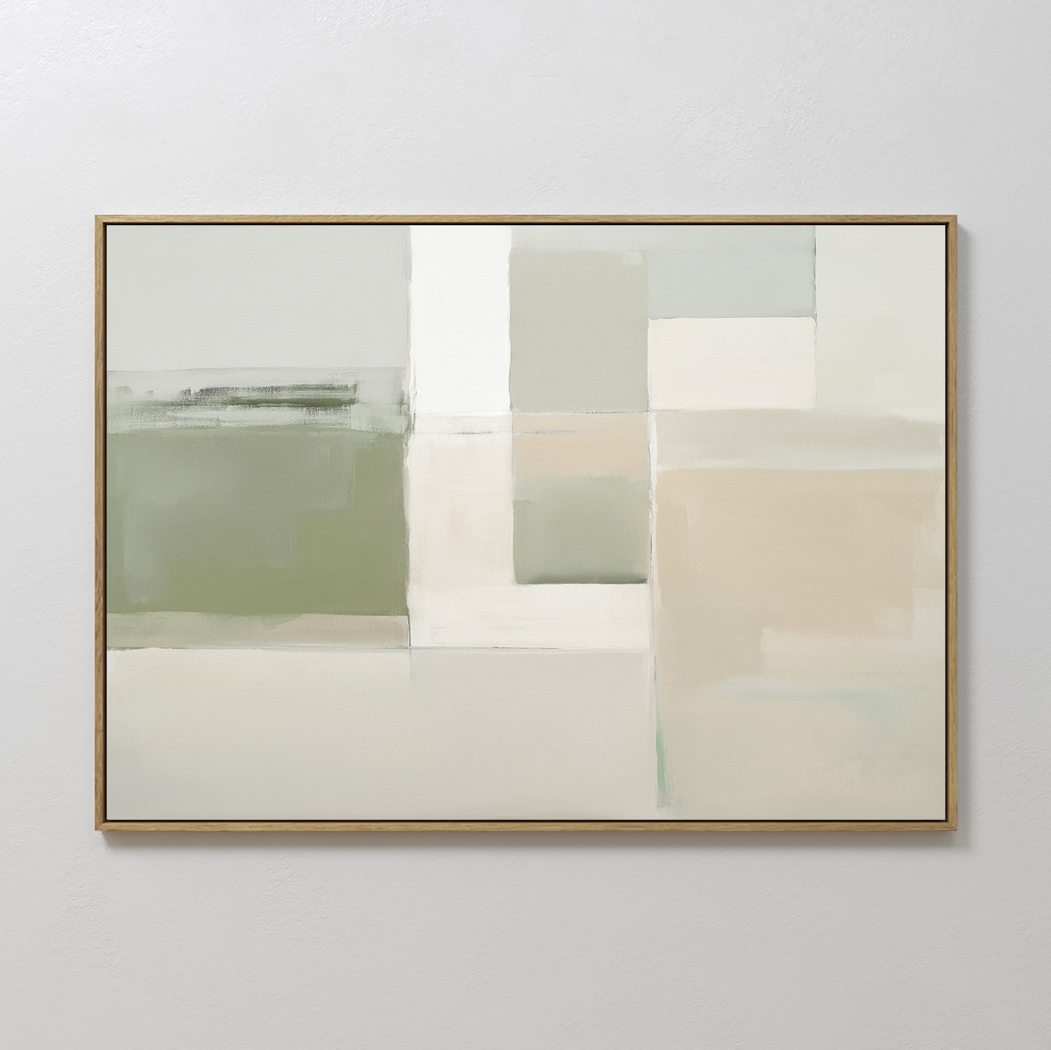 Soft Geometric Planes Canvas Art - Horizontal features large rectangles in sage green, beige, white, and light gray. This minimalist print is framed in light wood, creating striking geometric wall art for modern living room decor.