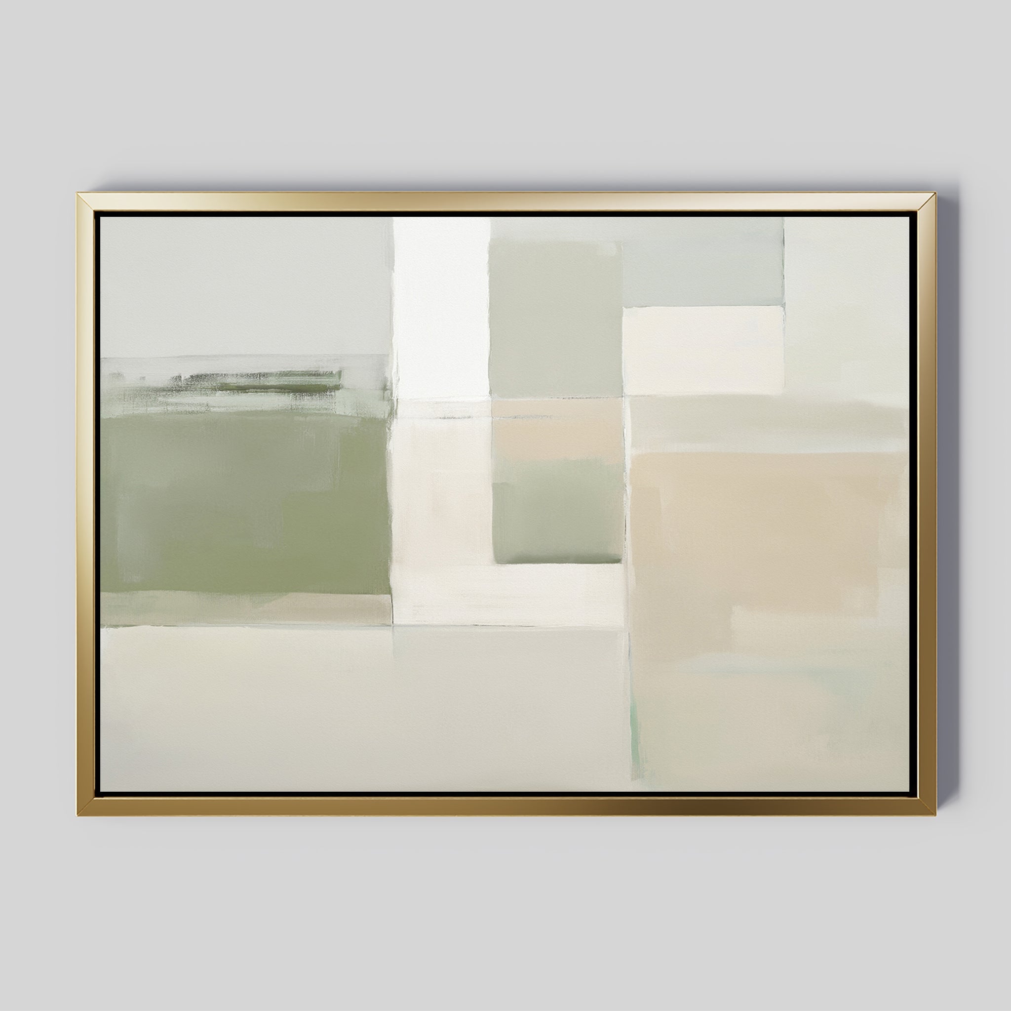 The Soft Geometric Planes Canvas Art - Horizontal features minimalist abstract blocks in muted green, beige, white, and gray with a thin gold frame. Perfect for calming, modern living room decor.