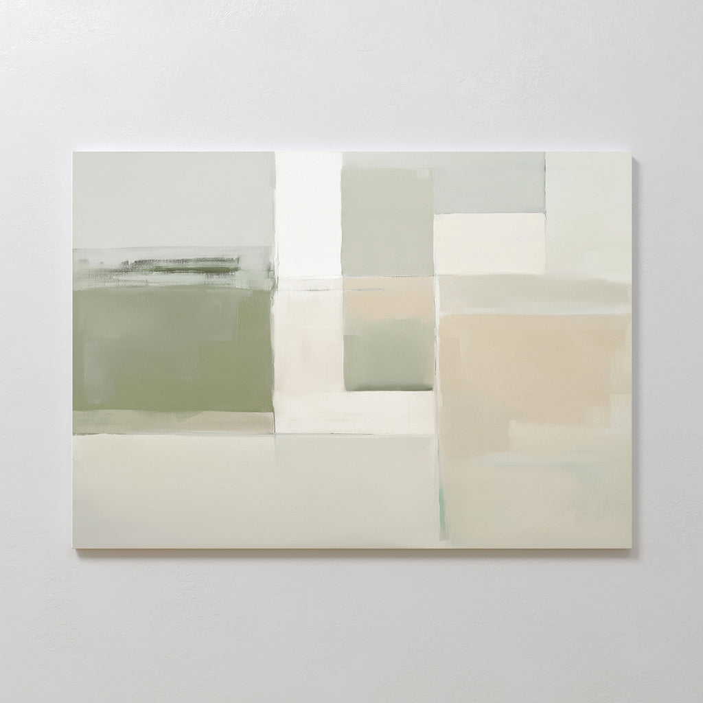 Soft Geometric Planes Canvas Art - Horizontal features large, soft-edged geometric blocks in muted green, beige, gray, and off-white. Perfect minimalist wall art to add a calm, modern touch to your living room decor.