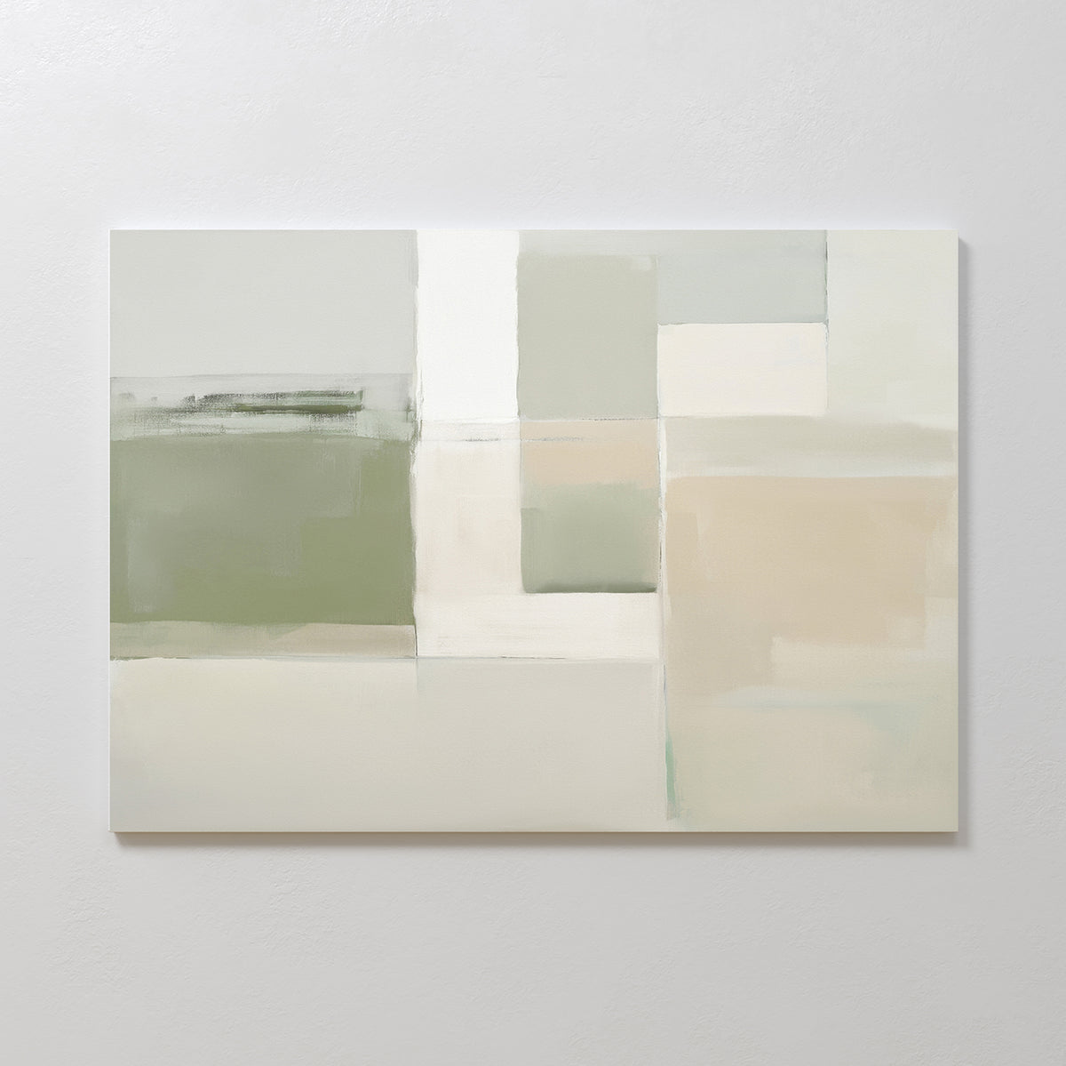 Soft Geometric Planes Canvas Art - Horizontal features large, soft-edged geometric blocks in muted green, beige, gray, and off-white. Perfect minimalist wall art to add a calm, modern touch to your living room decor.