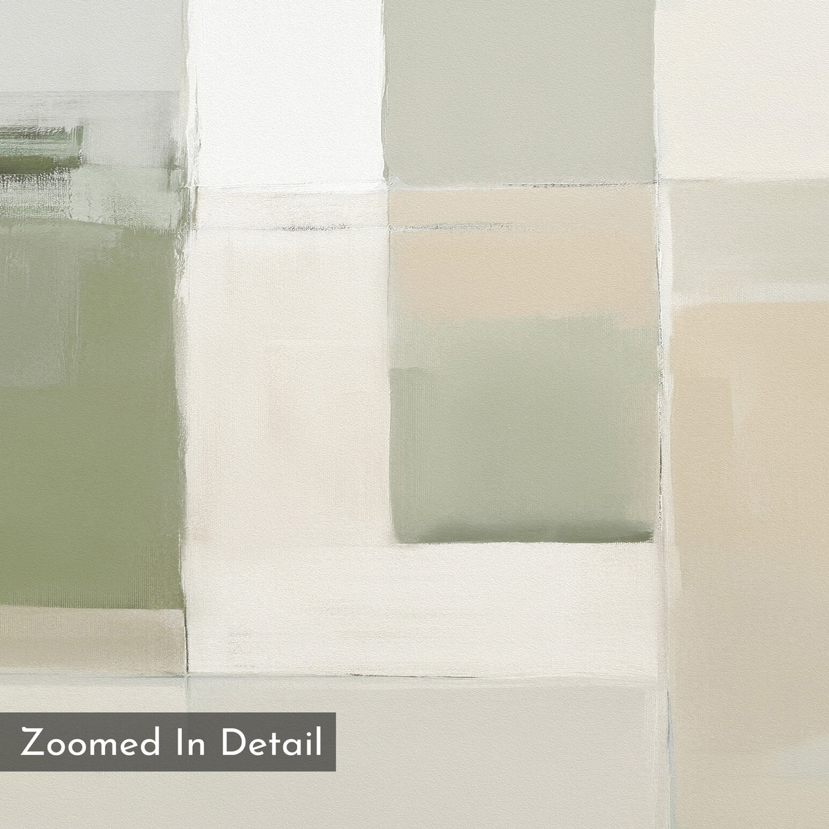 Soft Geometric Planes Canvas Art - Horizontal features overlapping rectangles in green, beige, white, and gray tones with smooth, blurred brushstrokes. A gray box at the lower left reads "Zoomed In Detail"—ideal minimalist modern home decor.