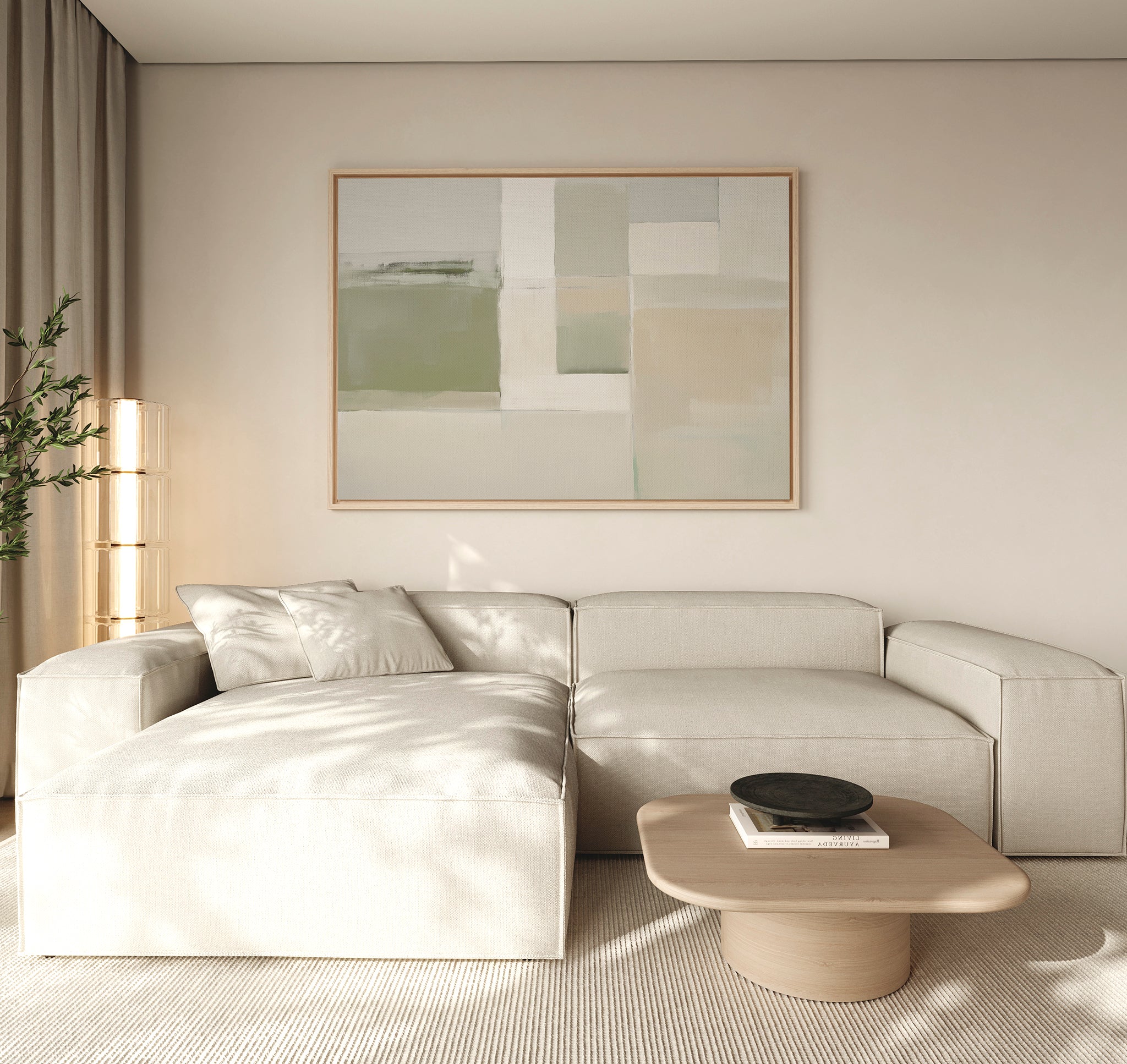 A modern living room featuring a light beige sectional, a low wooden coffee table with books and a bowl, neutral walls, sheer curtains, a tall plant in the corner, and Soft Geometric Planes Canvas Art - Horizontal on the wall.