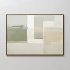 Soft Geometric Planes Canvas Art - Horizontal features large, soft-edged blocks in muted sage green, beige, cream, and white—ideal minimalist wall decor for a modern living room with a thin frame on a light textured surface.