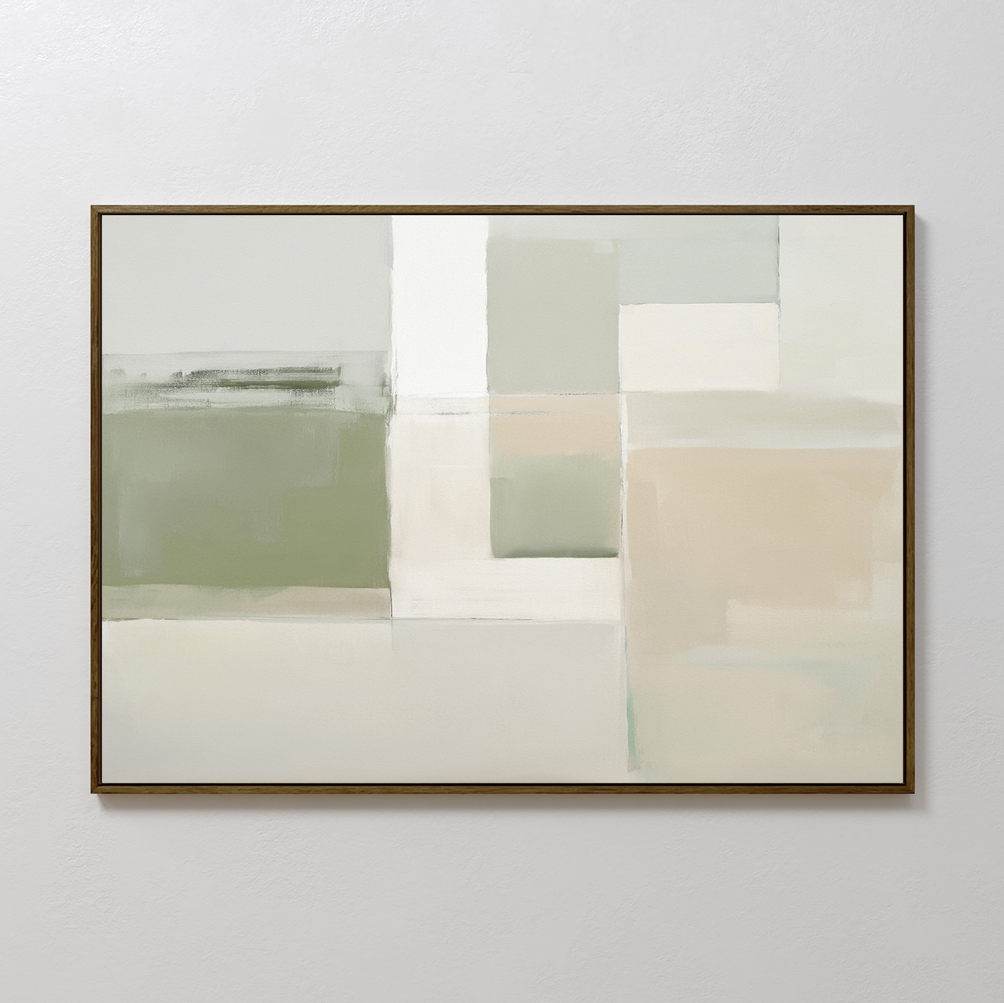 Soft Geometric Planes Canvas Art - Horizontal features large, soft-edged blocks in muted sage green, beige, cream, and white—ideal minimalist wall decor for a modern living room with a thin frame on a light textured surface.