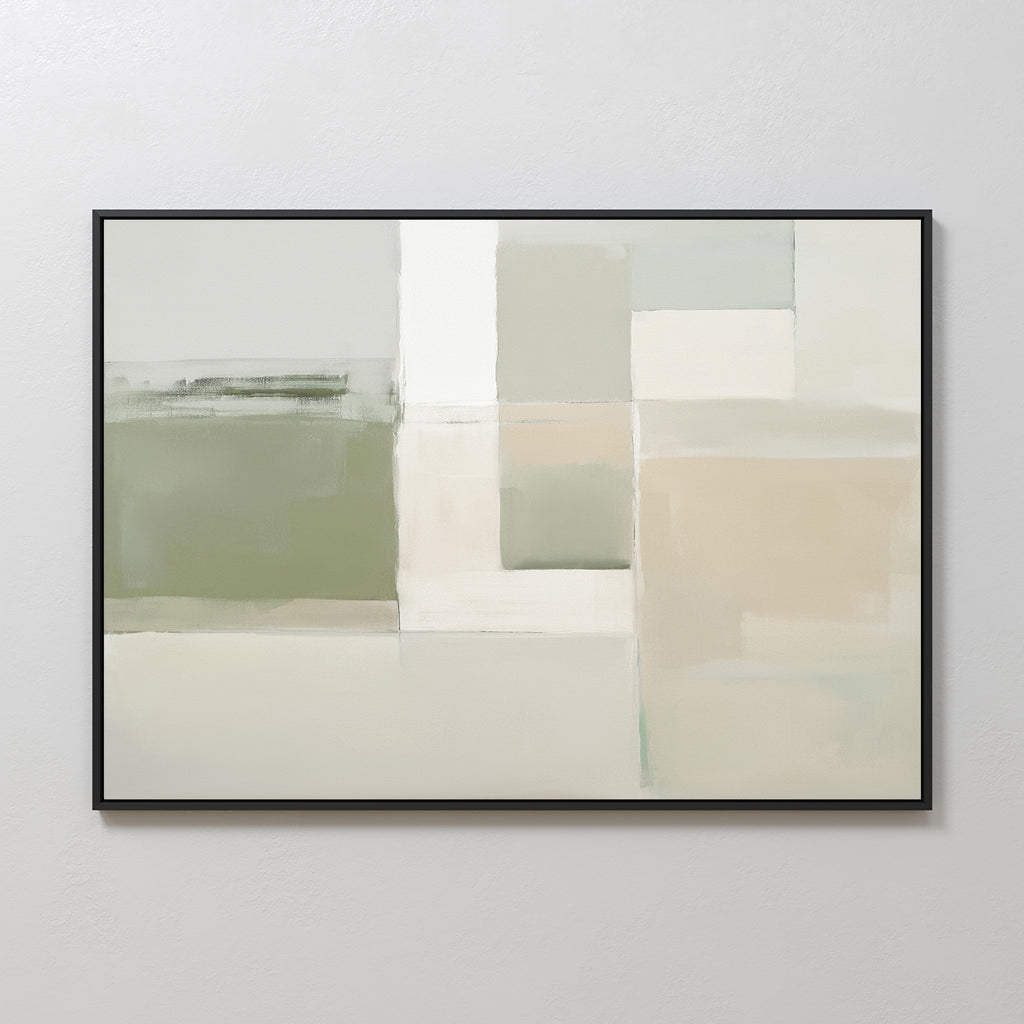 Soft Geometric Planes Canvas Art - Horizontal features abstract rectangular shapes in muted green, beige, white, and gray with soft edges. Framed in black, it's ideal for a calm, minimalist look in modern living room decor.