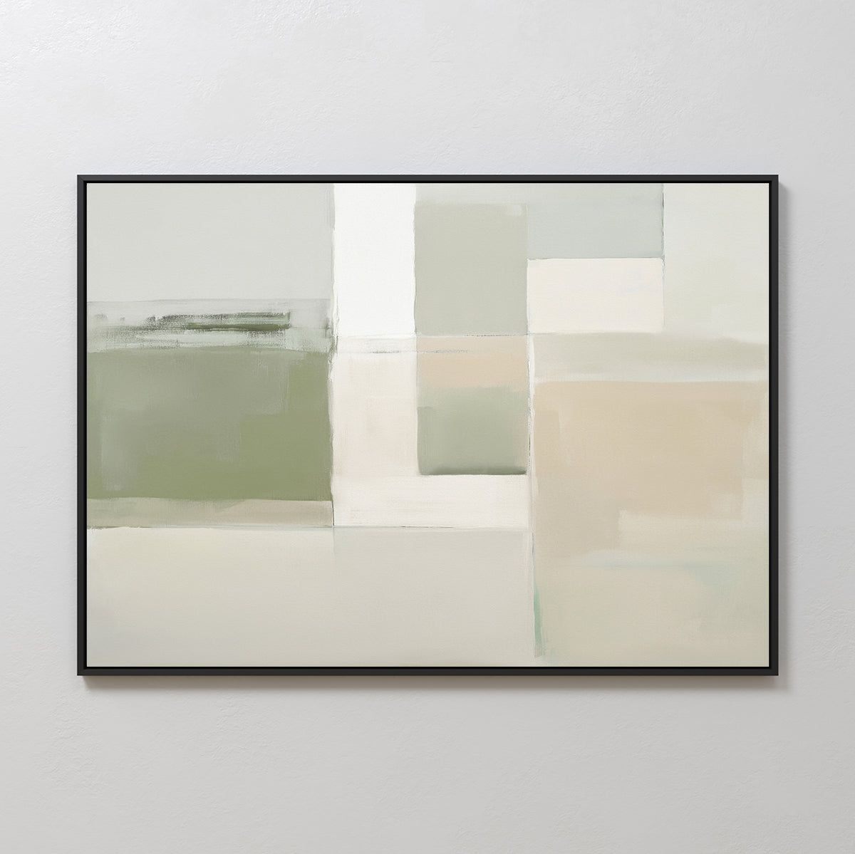 Soft Geometric Planes Canvas Art - Horizontal features abstract rectangular shapes in muted green, beige, white, and gray with soft edges. Framed in black, it's ideal for a calm, minimalist look in modern living room decor.