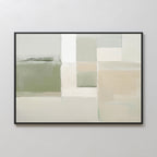 Soft Geometric Planes Canvas Art - Horizontal features abstract rectangular shapes in muted green, beige, white, and gray with soft edges. Framed in black, it's ideal for a calm, minimalist look in modern living room decor.