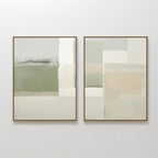 The Soft Geometric Planes - Set Of 2 features geometric wall art with muted green, beige, grey, and white tones in rectangular and square shapes, displayed side by side in slim gold frames on a plain white wall.