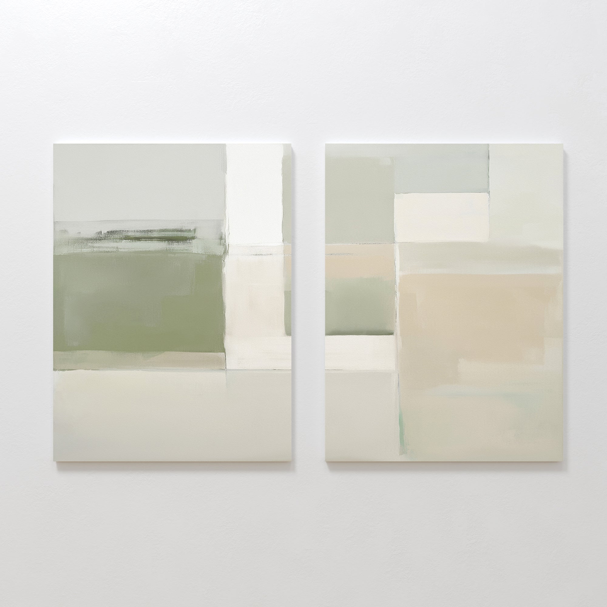 Soft Geometric Planes - Set Of 2 features minimalist abstract prints with soft green, beige, white, and gray tones in rectangular and square shapes—ideal geometric wall art for modern living room decor.