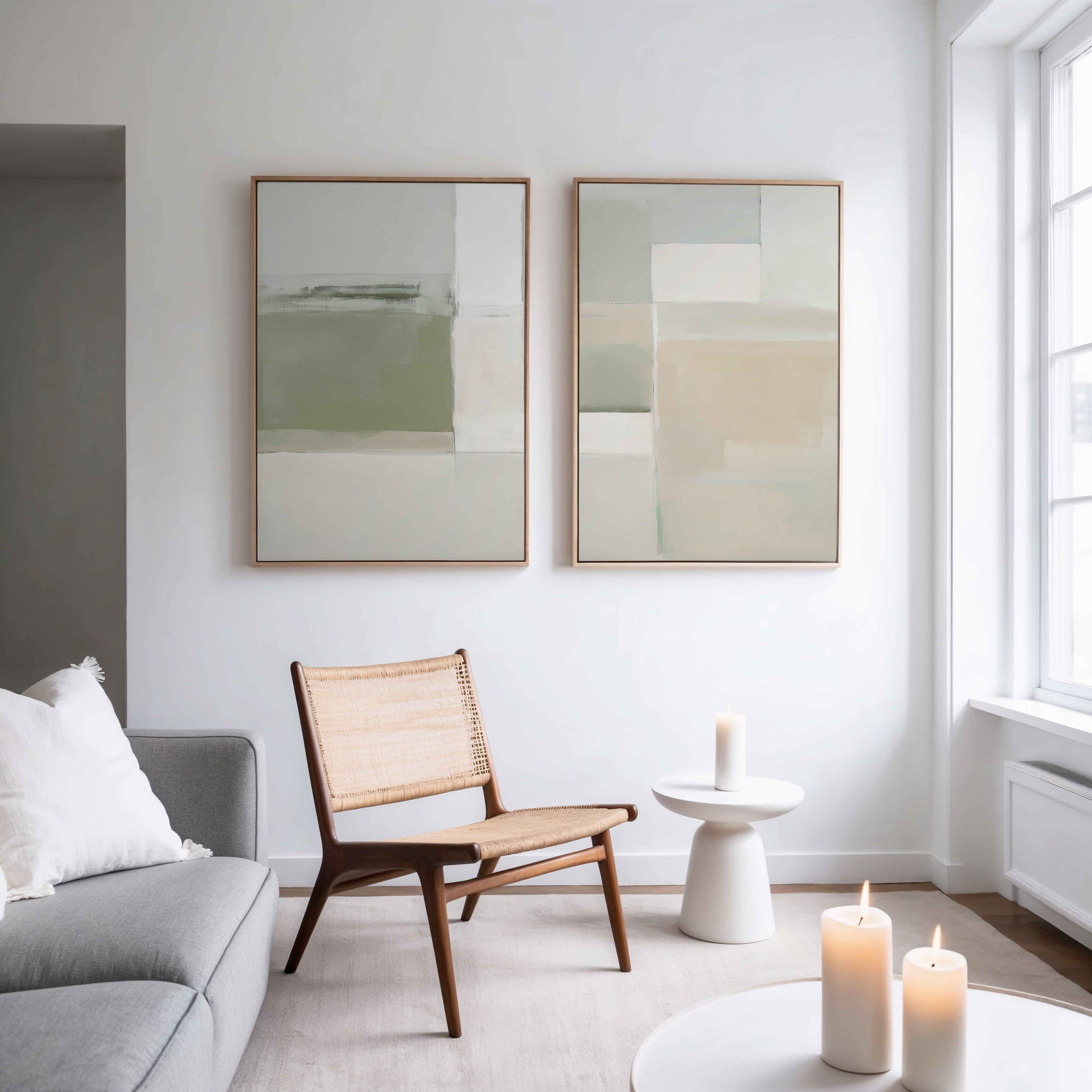 A modern, minimal living room features a woven chair, white side table, lit candles, a gray sofa with a white pillow, and the Soft Geometric Planes - Set Of 2 prints displayed on a white wall near large windows.