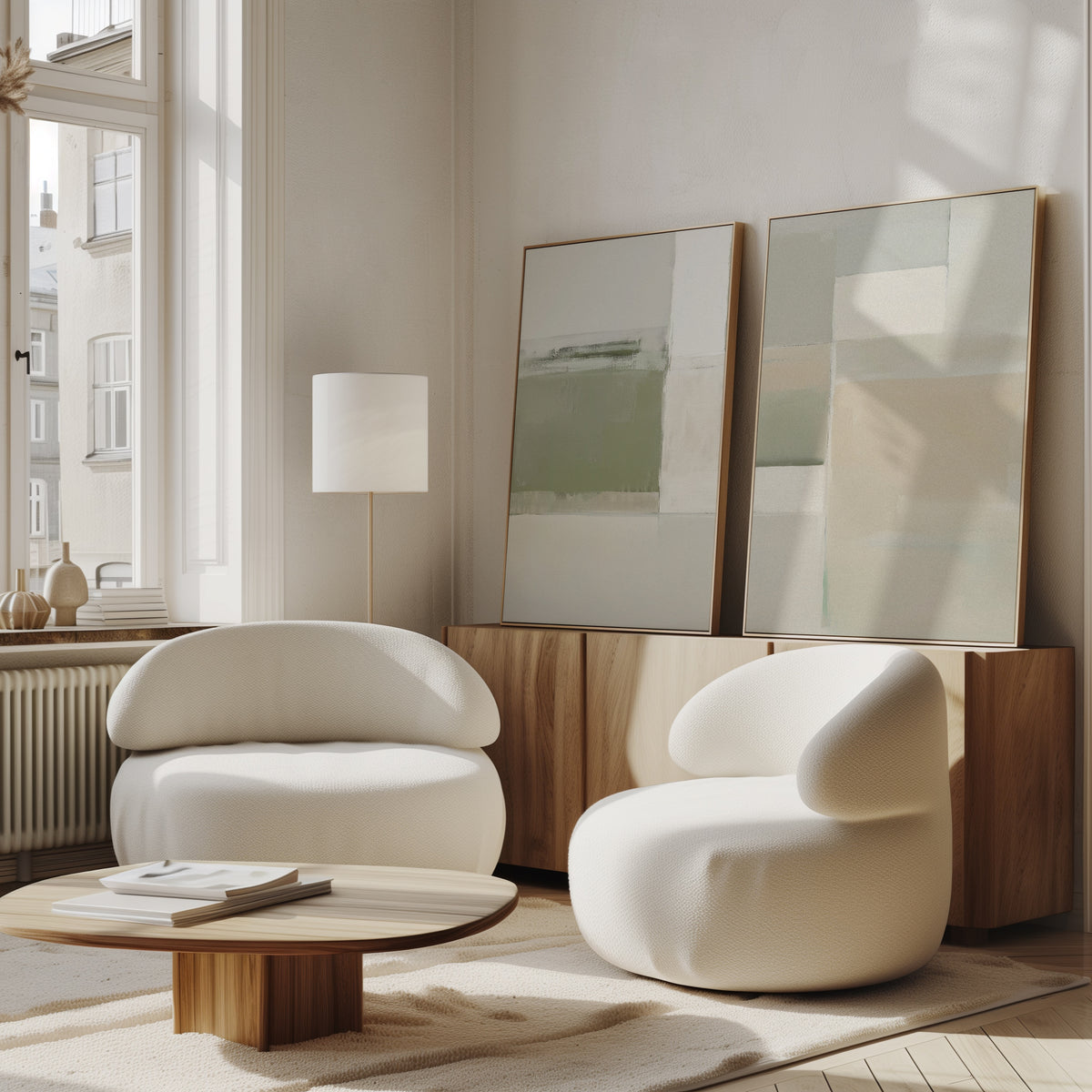 A modern living room features two white curved armchairs, a low wooden coffee table, and the Soft Geometric Planes - Set Of 2 wall art on a wooden sideboard. Large windows fill the cozy, minimalist space with natural light.