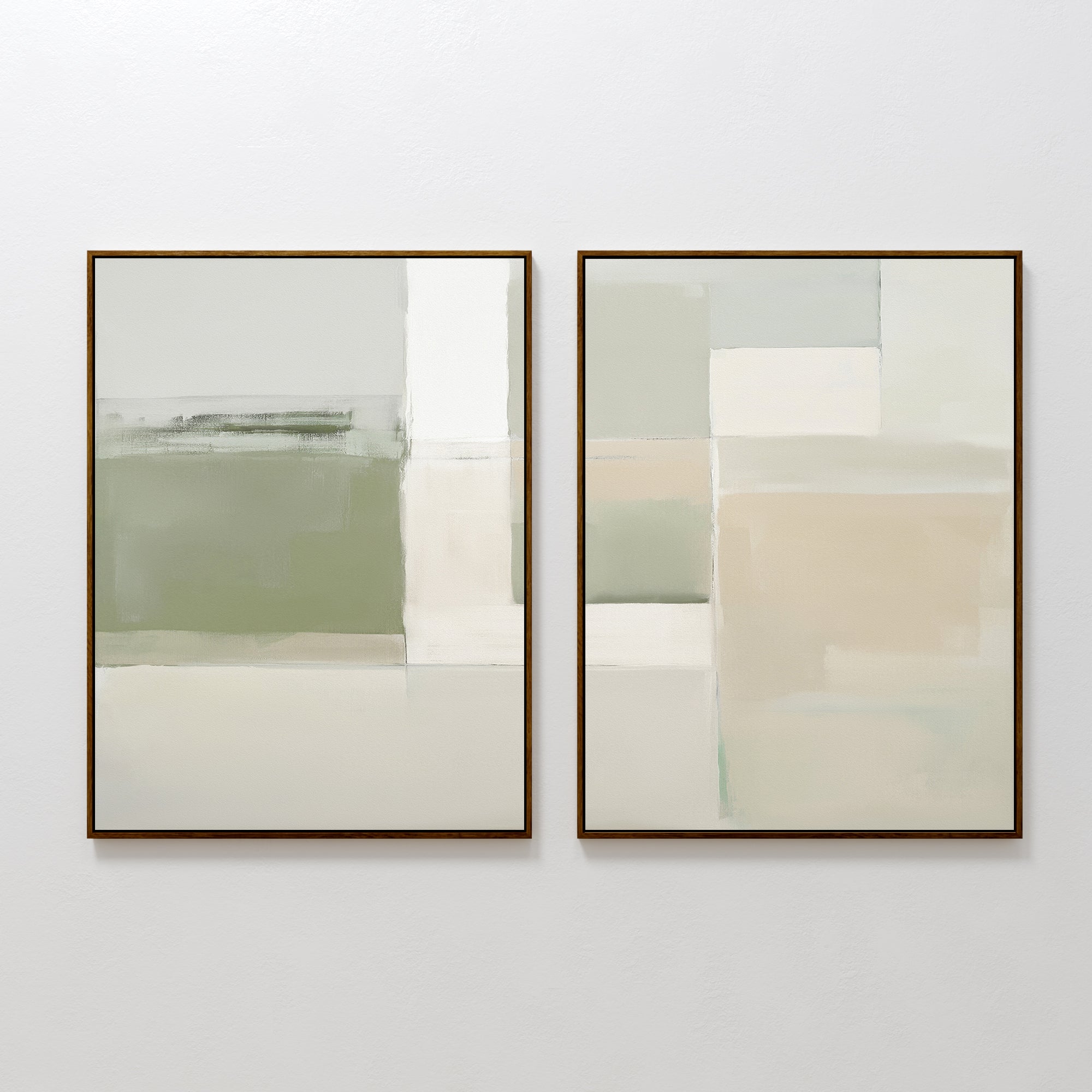 Soft Geometric Planes - Set Of 2: framed abstract wall art featuring muted blocks of green, beige, cream, and white in geometric designs. A striking modern decor choice for your living room.