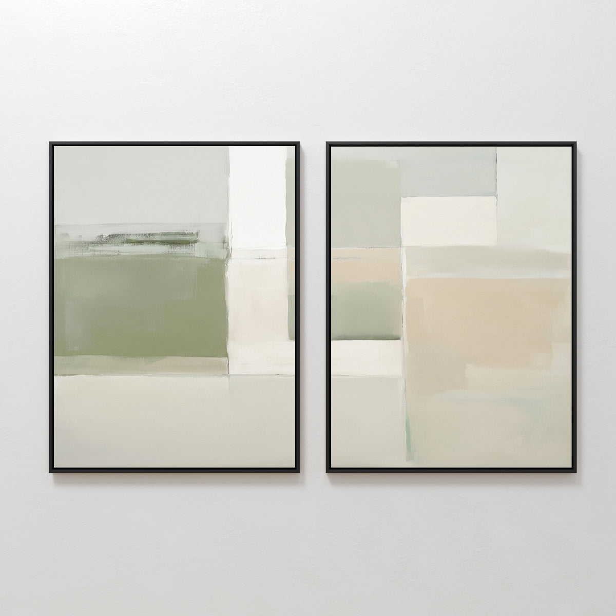 The Soft Geometric Planes - Set Of 2 features two framed minimalist abstract prints with muted green, beige, white, and gray blocks, creating modern geometric wall art perfect for living room decor.