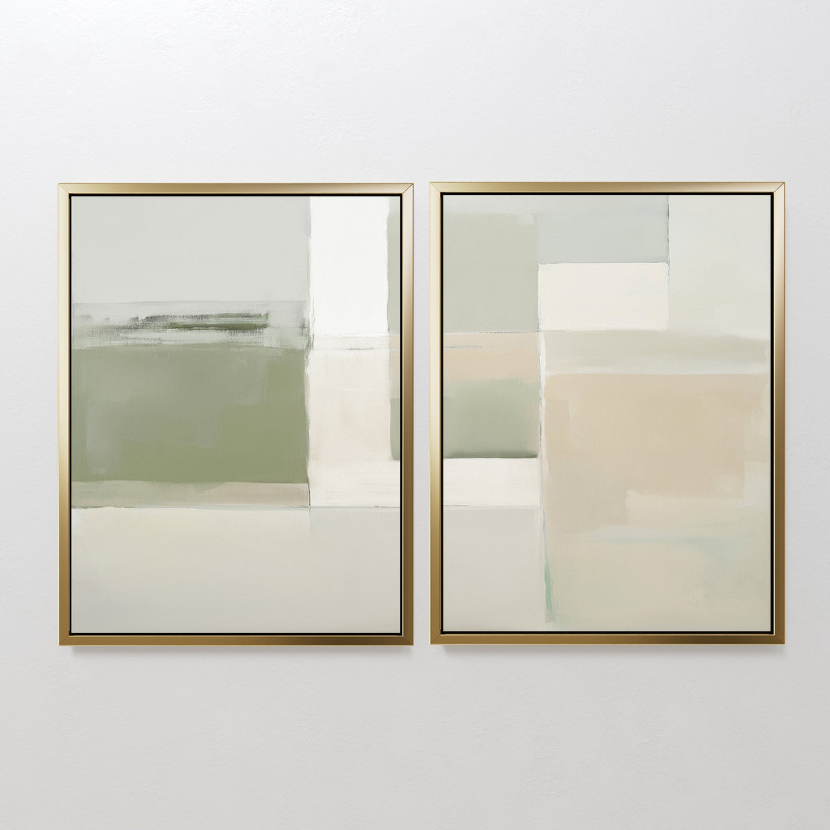 Soft Geometric Planes - Set Of 2 features minimalist abstract prints with soft, blended blocks of muted green, white, beige, and gray tones in gold frames—perfect modern decor for any living room wall.