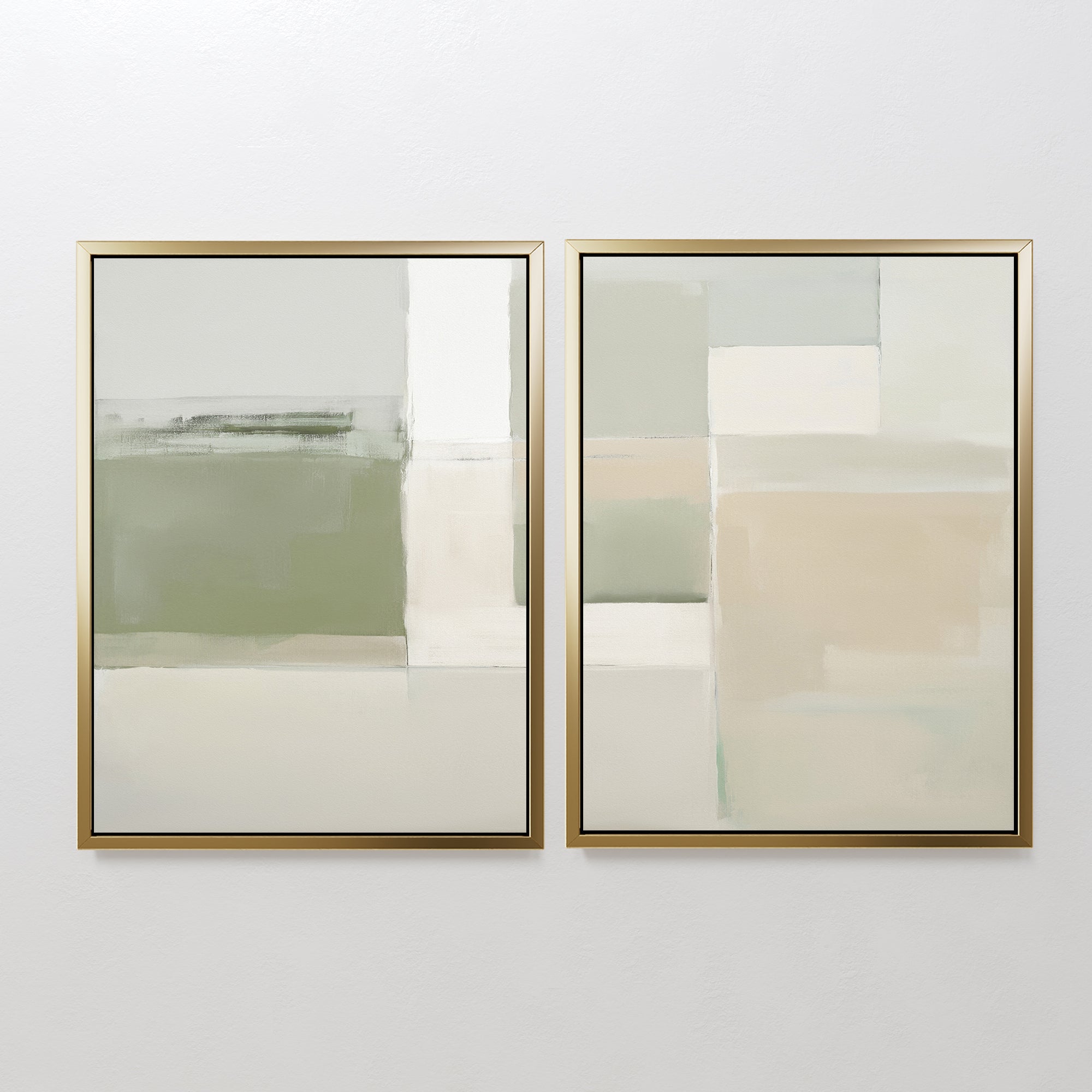 Soft Geometric Planes - Set Of 2 features minimalist abstract prints with soft, blended blocks of muted green, white, beige, and gray tones in gold frames—perfect modern decor for any living room wall.