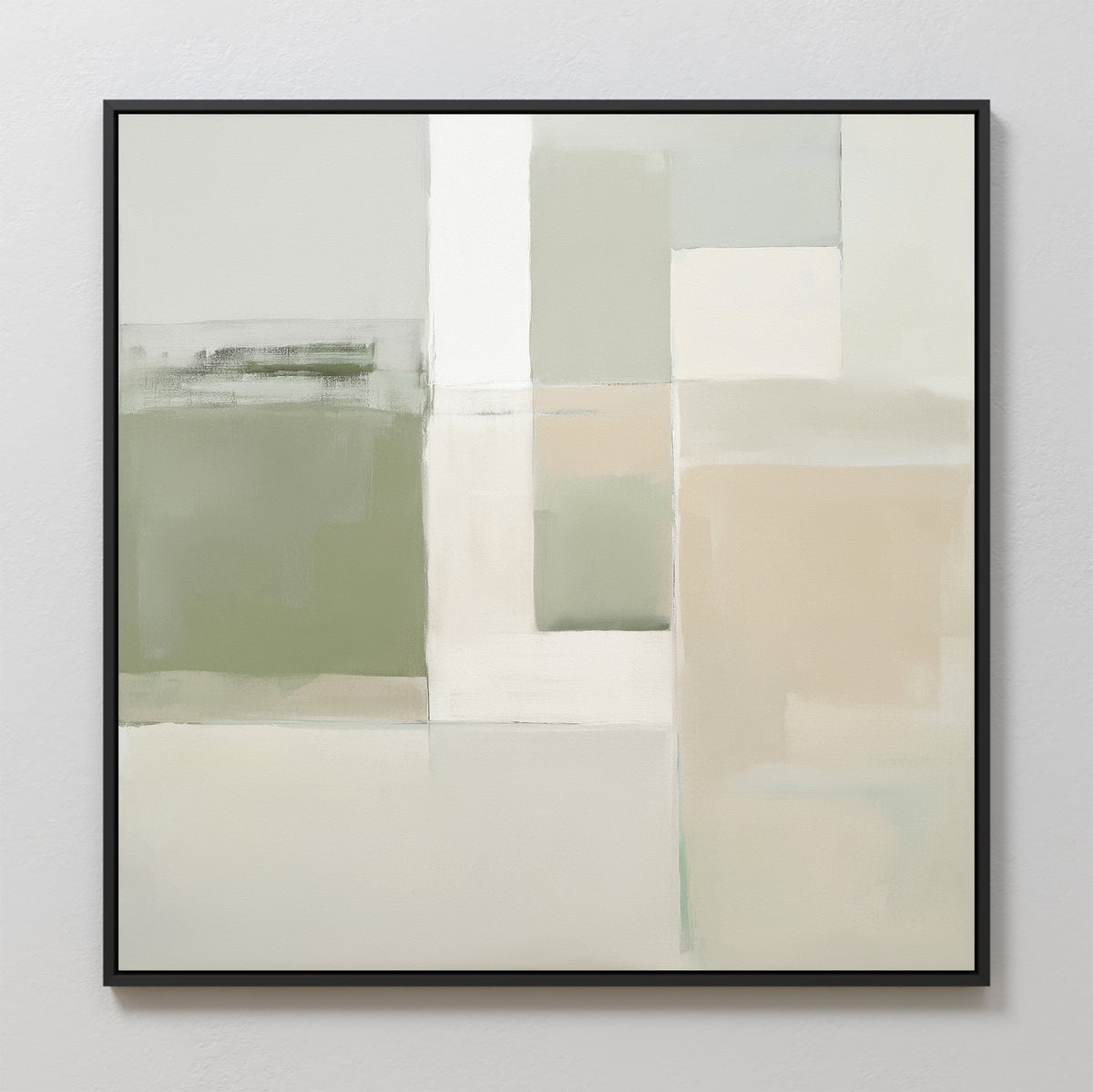 Soft Geometric Planes Canvas Art - Square: Abstract wall art in a black frame with soft, muted blocks of green, white, beige, and gray in a minimalist geometric pattern—ideal for a modern contemporary space.