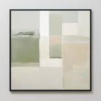 Soft Geometric Planes Canvas Art - Square: Abstract wall art in a black frame with soft, muted blocks of green, white, beige, and gray in a minimalist geometric pattern—ideal for a modern contemporary space.