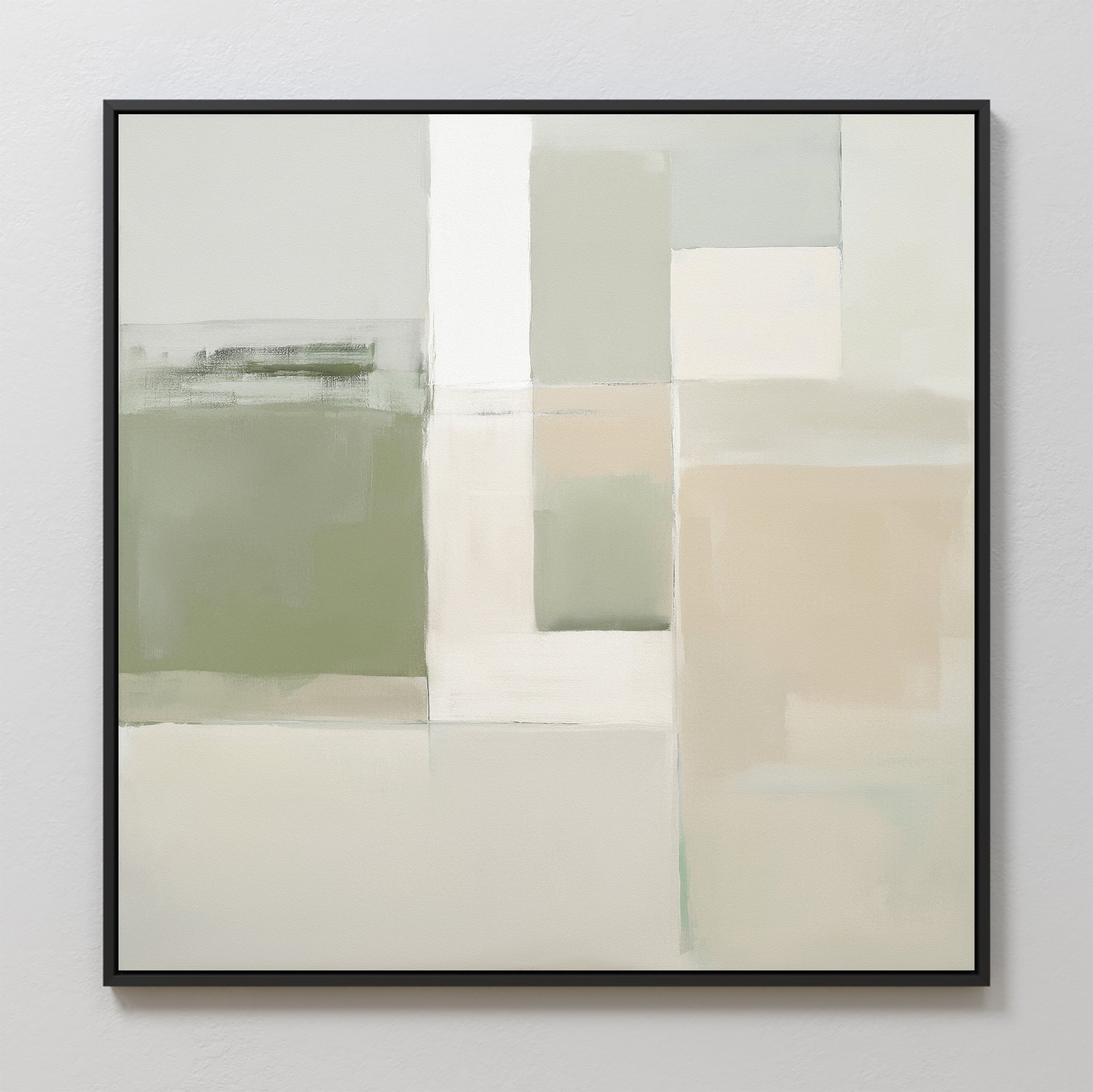 Soft Geometric Planes Canvas Art - Square: Abstract wall art in a black frame with soft, muted blocks of green, white, beige, and gray in a minimalist geometric pattern—ideal for a modern contemporary space.
