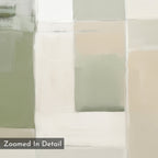 Soft Geometric Planes Canvas Art - Square features abstract, overlapping rectangles in muted green, beige, white, and gray with visible brushstrokes. A gray box labeled "Zoomed In Detail" appears in the bottom left corner.