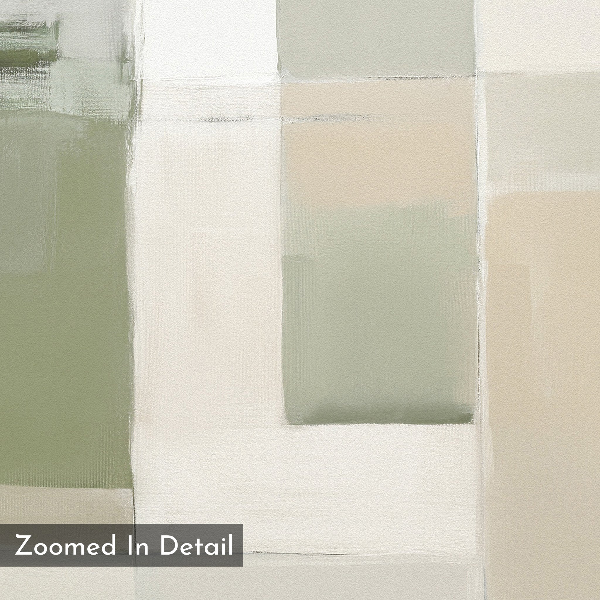 Soft Geometric Planes Canvas Art - Square features abstract, overlapping rectangles in muted green, beige, white, and gray with visible brushstrokes. A gray box labeled "Zoomed In Detail" appears in the bottom left corner.