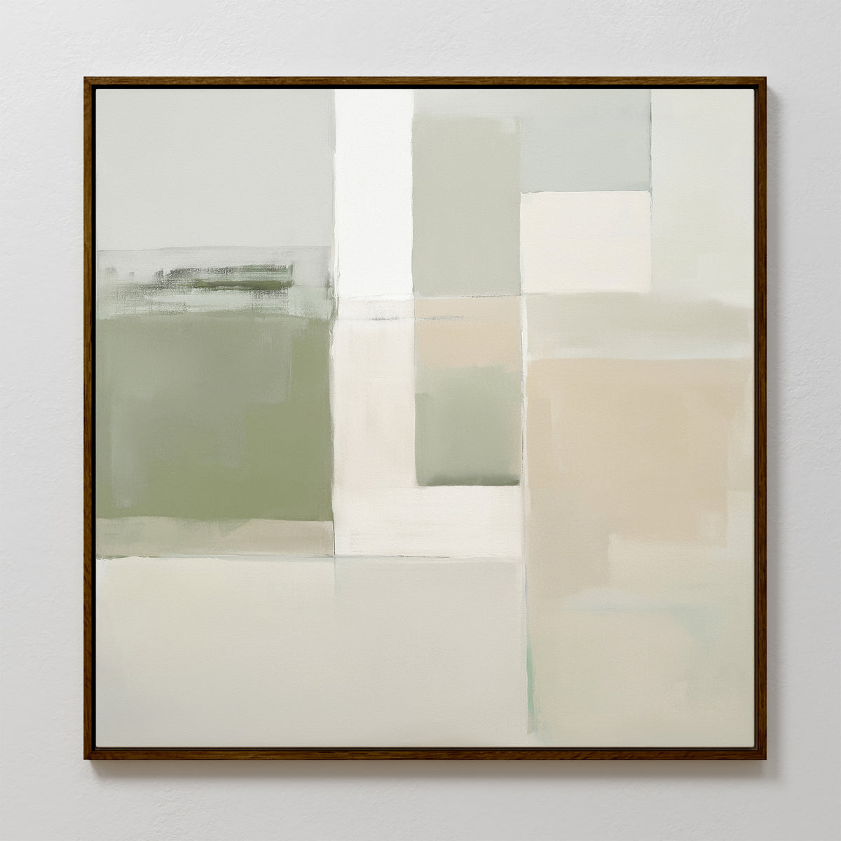 The Soft Geometric Planes Canvas Art - Square features abstract, muted green, beige, white, and gray blocks in a grid pattern for a minimalist contemporary look. Includes a simple dark wood frame.