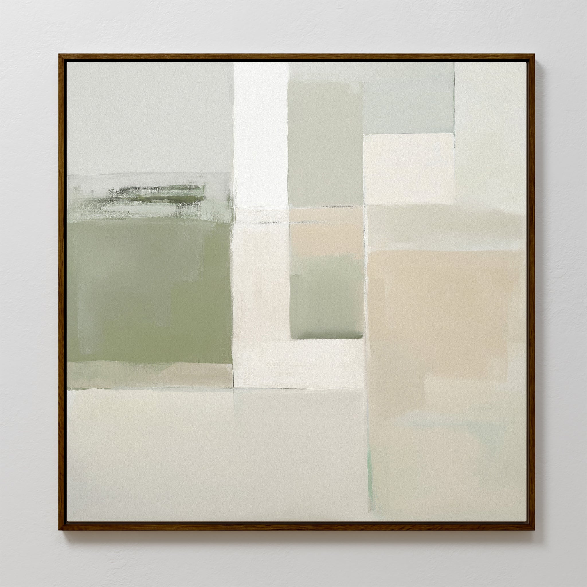 The Soft Geometric Planes Canvas Art - Square features abstract, muted green, beige, white, and gray blocks in a grid pattern for a minimalist contemporary look. Includes a simple dark wood frame.