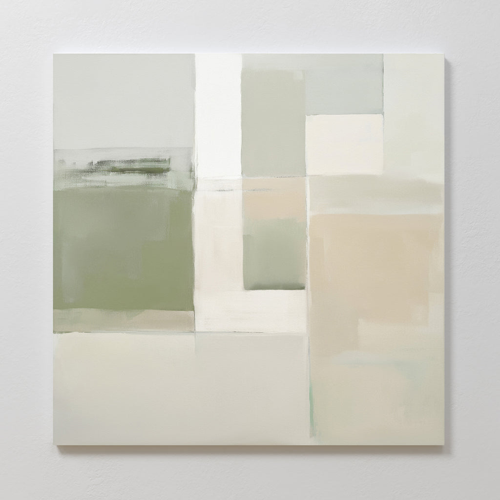 Soft Geometric Planes Canvas Art - Square features a minimalist abstract design with muted green, cream, beige, and white blocks in a subtle grid pattern, bringing a calming contemporary touch to modern spaces.