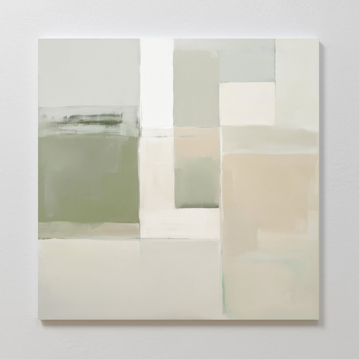 Soft Geometric Planes Canvas Art - Square features a minimalist abstract design with muted green, cream, beige, and white blocks in a subtle grid pattern, bringing a calming contemporary touch to modern spaces.
