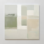 Soft Geometric Planes Canvas Art - Square features a minimalist abstract design with muted green, cream, beige, and white blocks in a subtle grid pattern, bringing a calming contemporary touch to modern spaces.