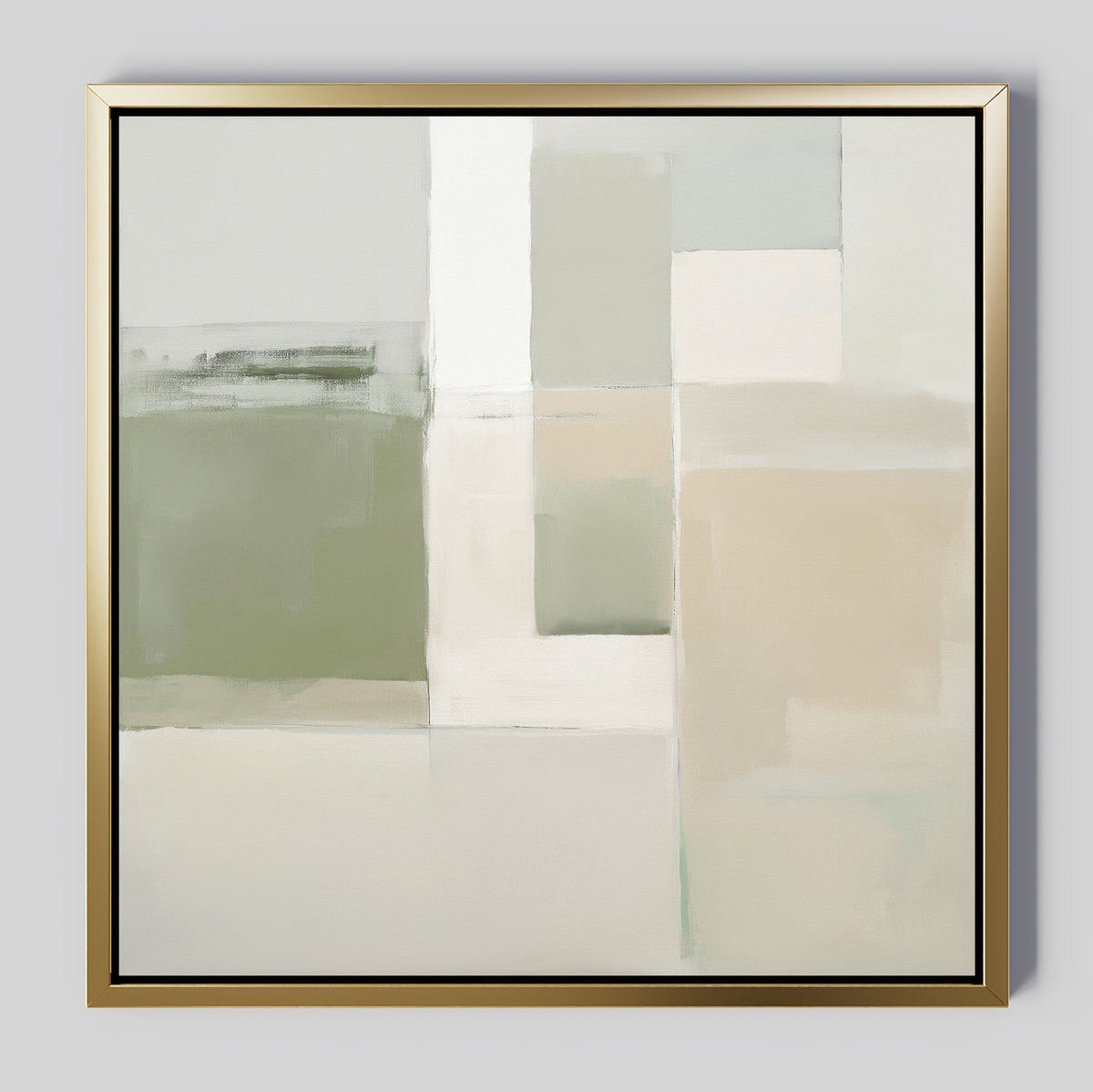 The Soft Geometric Planes Canvas Art - Square showcases minimalist abstract blocks and rectangles in muted green, beige, cream, and white. Finished with a gold frame, this geometric wall art adds refined contemporary style to any space.