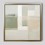 The Soft Geometric Planes Canvas Art - Square showcases minimalist abstract blocks and rectangles in muted green, beige, cream, and white. Finished with a gold frame, this geometric wall art adds refined contemporary style to any space.
