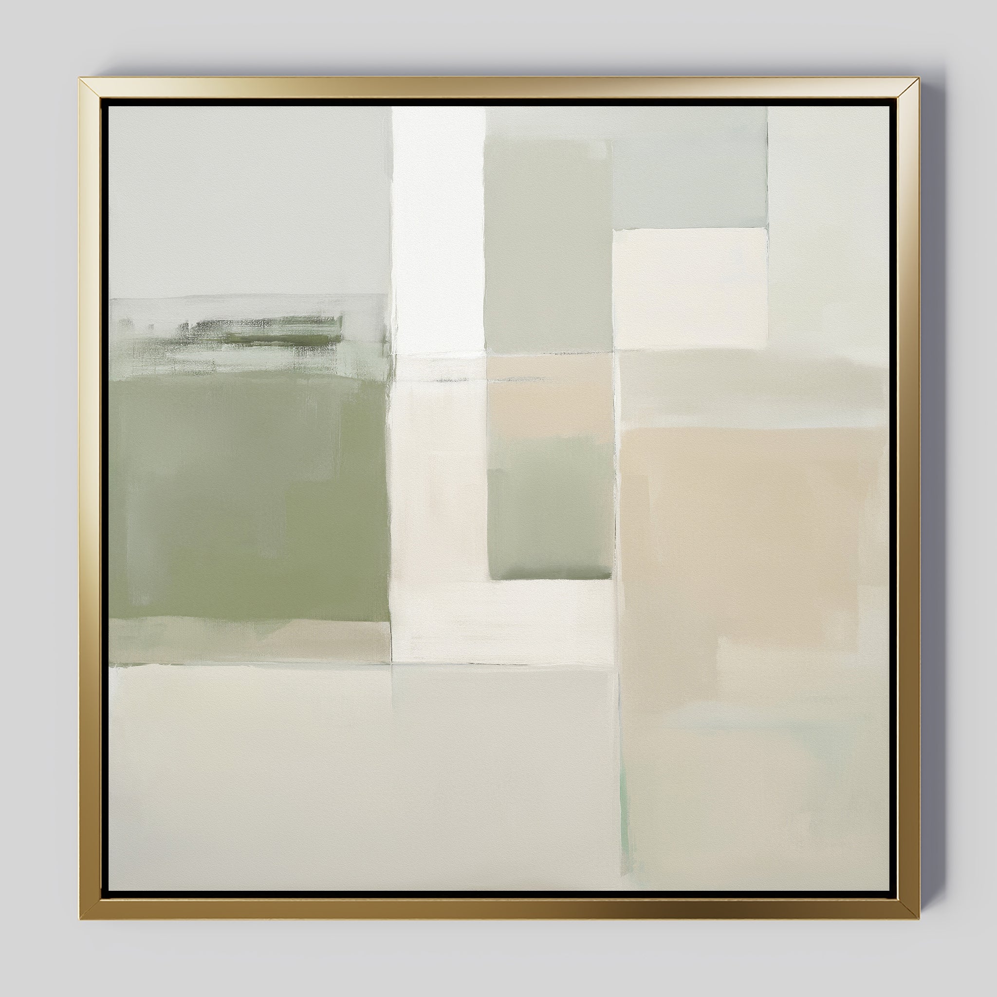 The Soft Geometric Planes Canvas Art - Square showcases minimalist abstract blocks and rectangles in muted green, beige, cream, and white. Finished with a gold frame, this geometric wall art adds refined contemporary style to any space.