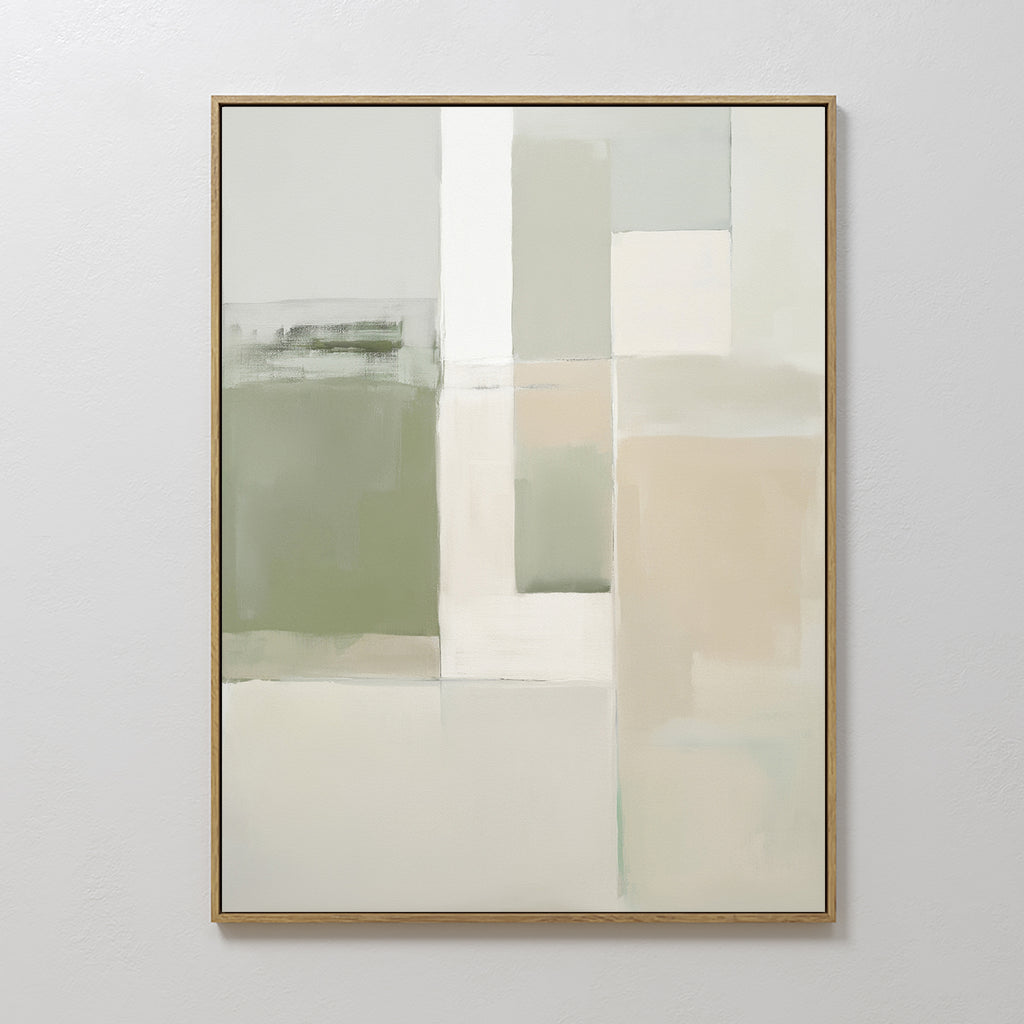 The Soft Geometric Planes Canvas Art - Vertical features minimalist abstract rectangles in white, beige, sage green, and gray tones, arranged in a grid pattern. It comes framed with a slim light border and is ideal for contemporary spaces.