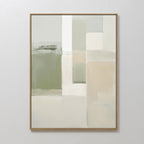 The Soft Geometric Planes Canvas Art - Vertical features minimalist abstract rectangles in white, beige, sage green, and gray tones, arranged in a grid pattern. It comes framed with a slim light border and is ideal for contemporary spaces.