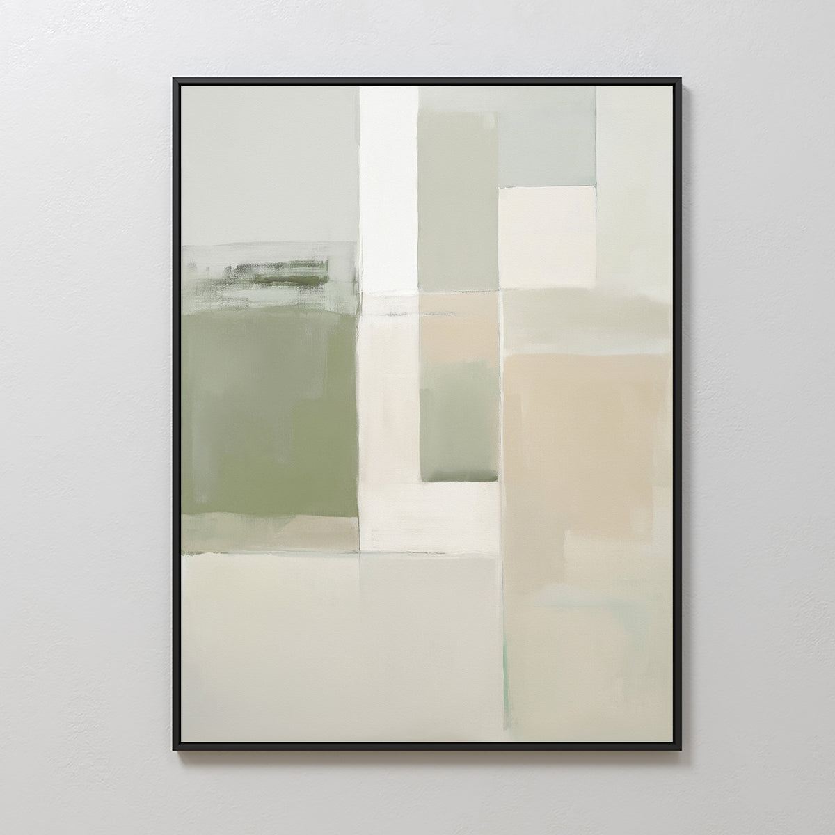 Soft Geometric Planes Canvas Art - Vertical showcases minimalist abstract blocks in green, beige, white, and pale gray with subtle blending and a black frame—an ideal contemporary accent for any plain white wall.