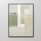 Soft Geometric Planes Canvas Art - Vertical showcases minimalist abstract blocks in green, beige, white, and pale gray with subtle blending and a black frame—an ideal contemporary accent for any plain white wall.