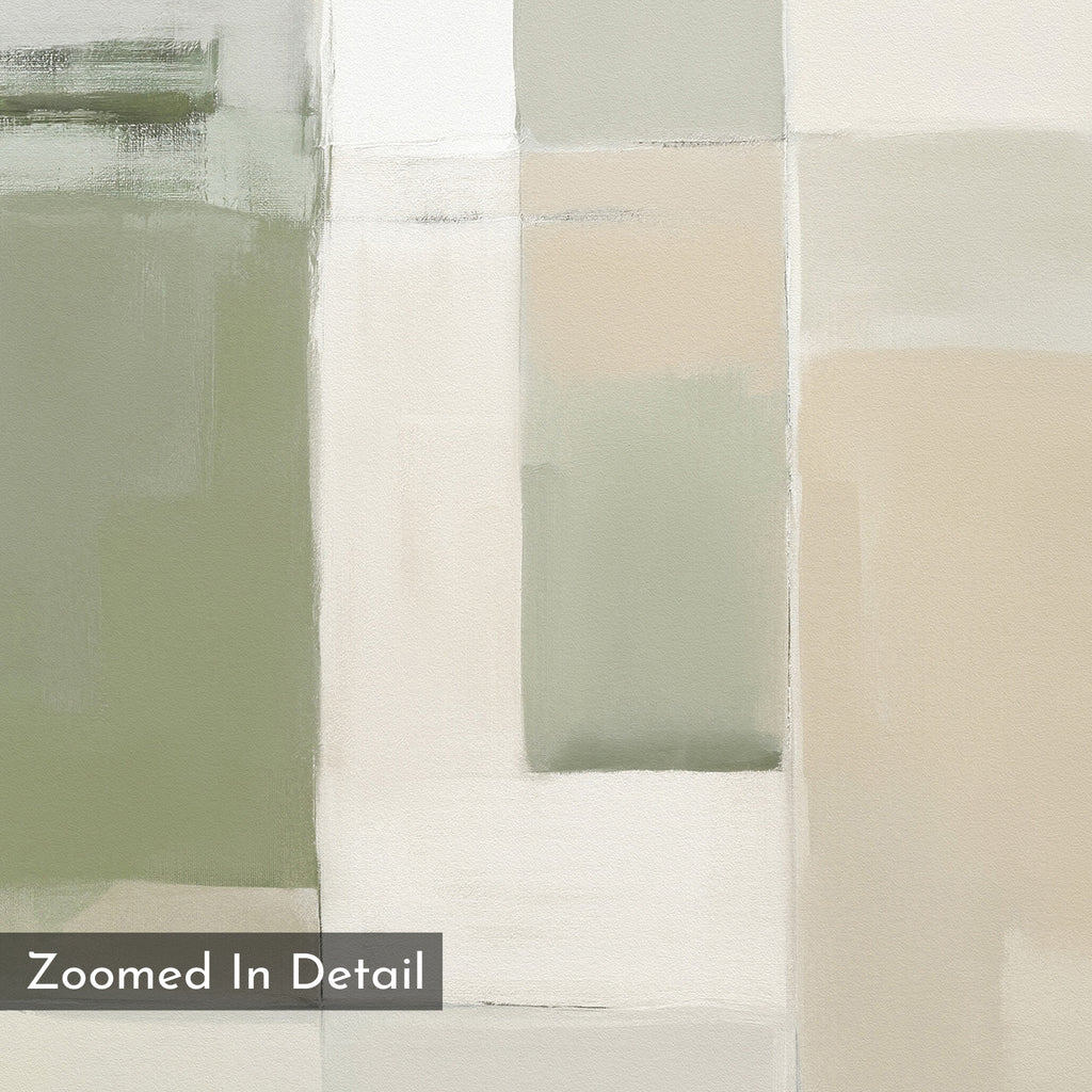 Soft Geometric Planes Canvas Art - Vertical features a minimalist design with overlapping rectangles in muted green, beige, cream, and white. “Zoomed In Detail” appears in a gray box at the lower left, perfect for contemporary spaces.