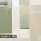 Soft Geometric Planes Canvas Art - Vertical features a minimalist design with overlapping rectangles in muted green, beige, cream, and white. “Zoomed In Detail” appears in a gray box at the lower left, perfect for contemporary spaces.