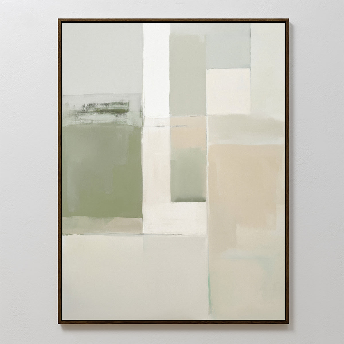 Soft Geometric Planes Canvas Art - Vertical features overlapping rectangles in muted beige, white, gray, and sage green with a slim dark frame—an ideal piece to introduce contemporary style to your space.