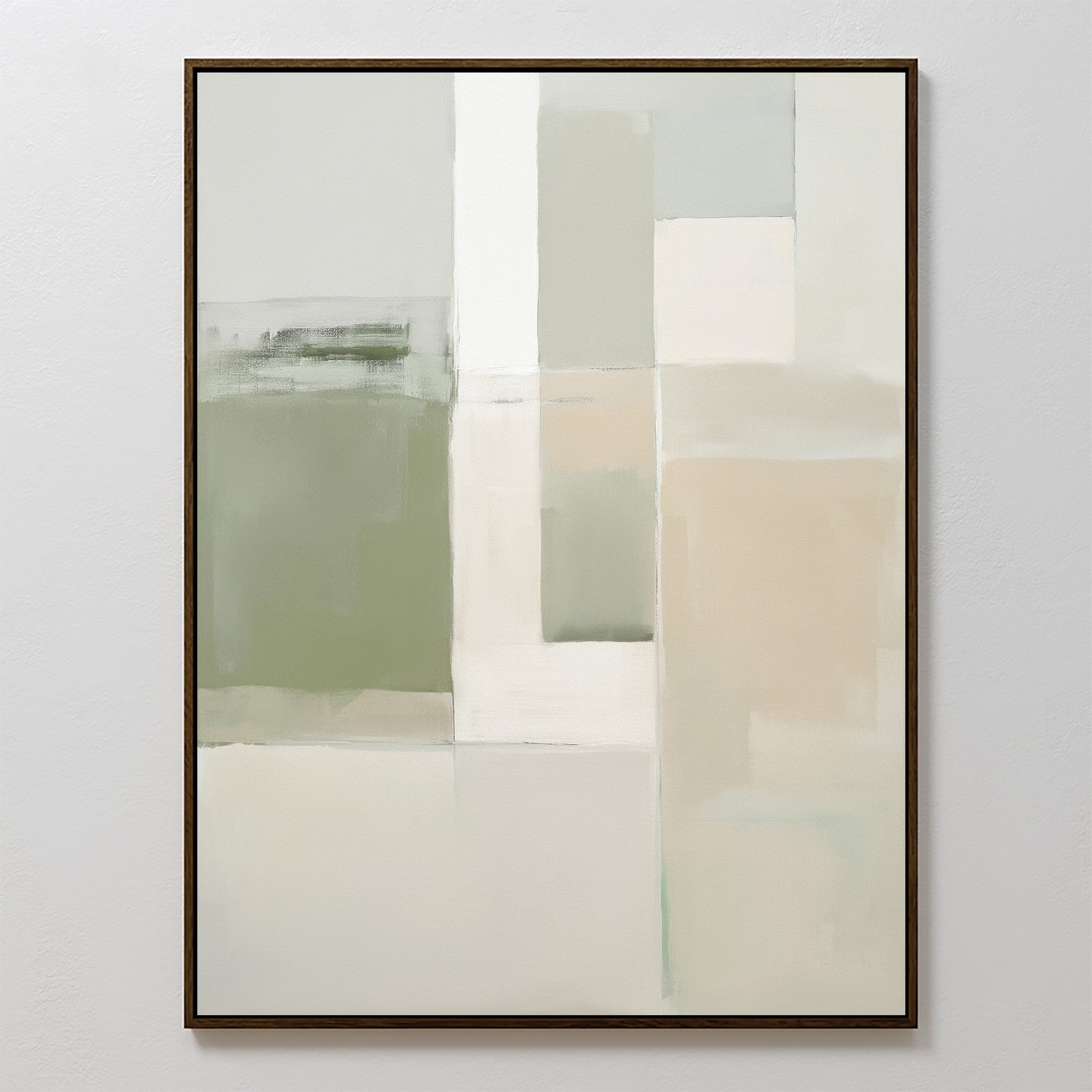 Soft Geometric Planes Canvas Art - Vertical features overlapping rectangles in muted beige, white, gray, and sage green with a slim dark frame—an ideal piece to introduce contemporary style to your space.