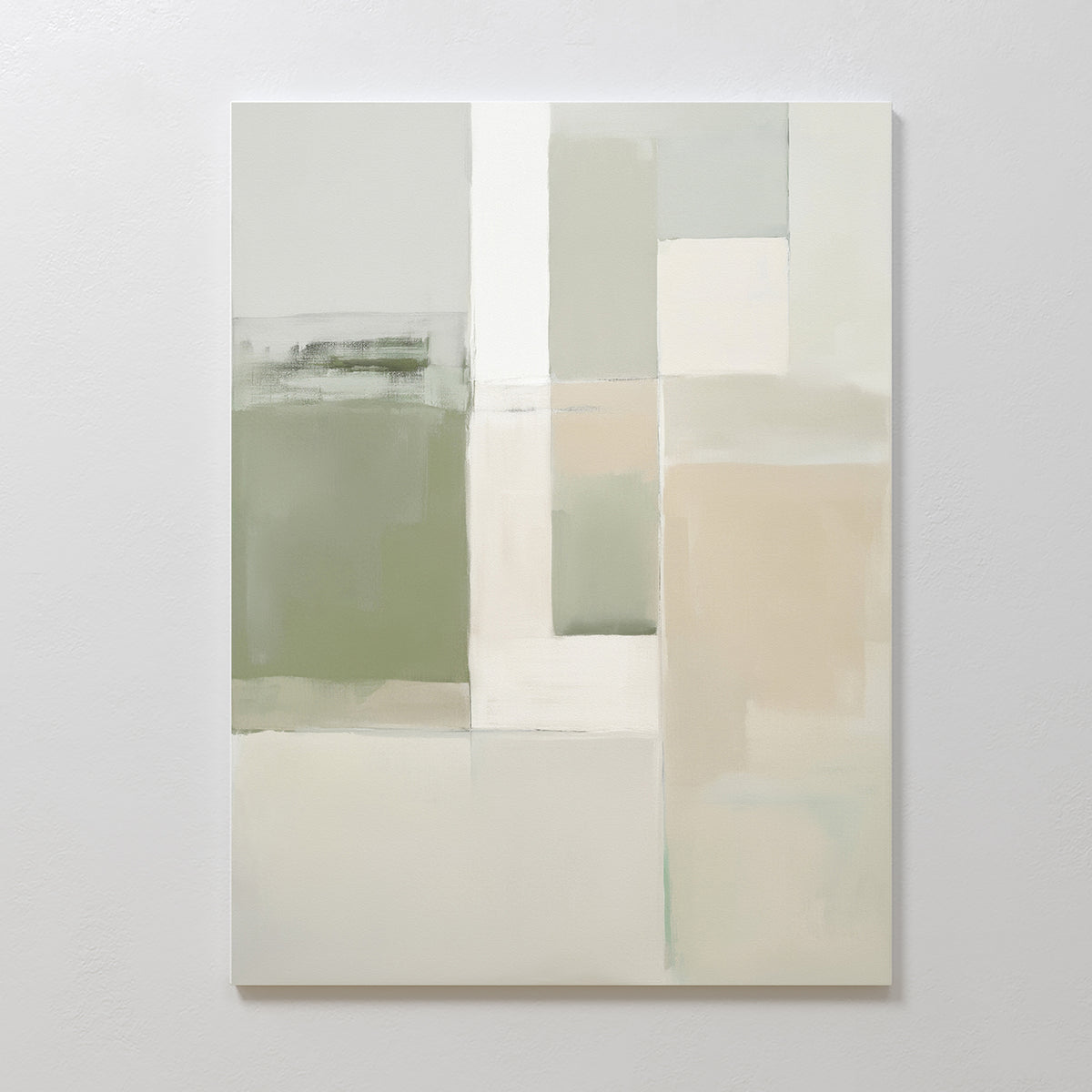 Soft Geometric Planes Canvas Art - Vertical features overlapping rectangles and squares in muted green, beige, white, and gray for a calming, minimalist abstract print—ideal for contemporary spaces.